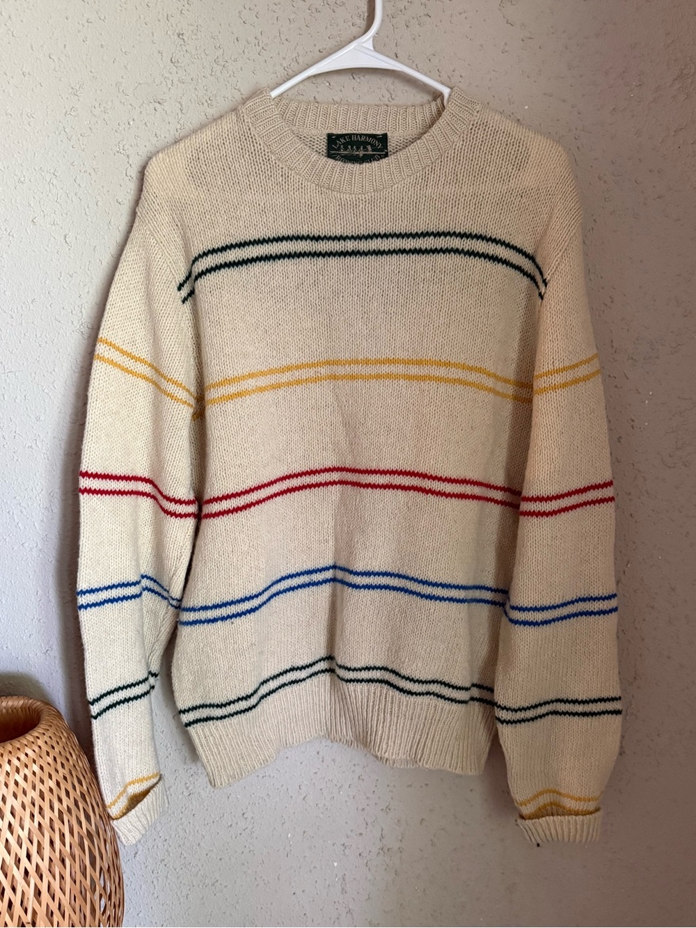 Vintage Striped Wool Blend Sweater Cream Rowing Club Americana Knit
